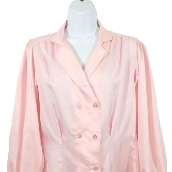 Vintage 70's Double Breasted Button Down Puff Sleeve Pale Pink Blouse Size Large - Picture 4 of 8